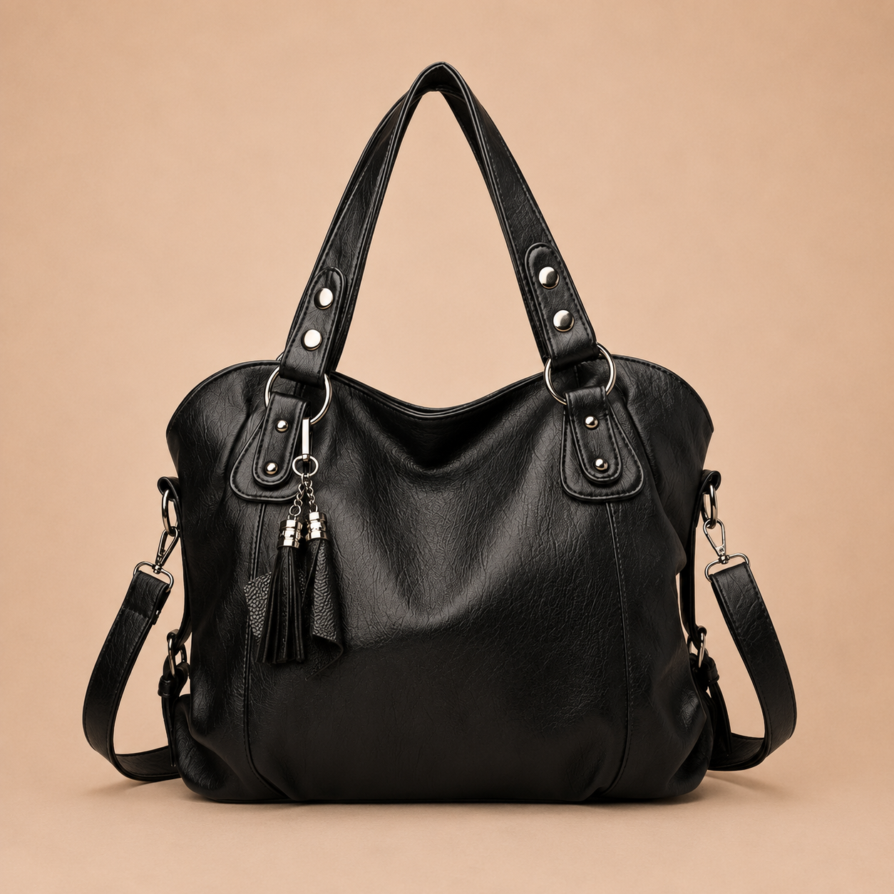 Large Leather Tote Bag with Tassel Charm