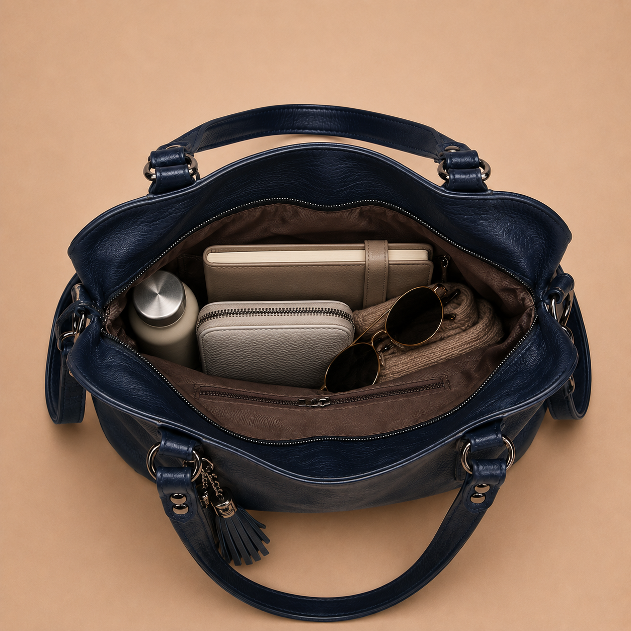 Large Leather Tote Bag with Tassel Charm