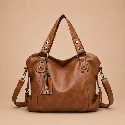 Large Leather Tote Bag with Tassel Charm