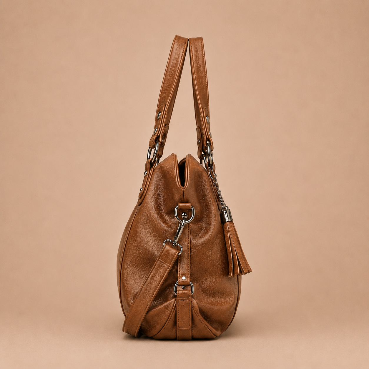 Large Leather Tote Bag with Tassel Charm