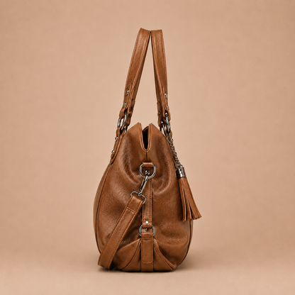 Large Leather Tote Bag with Tassel Charm