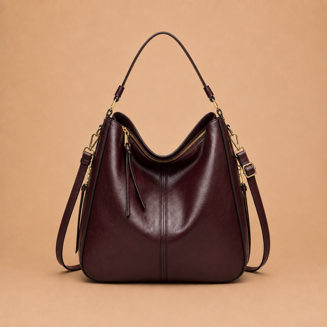 Large Slouchy Leather Hobo Bag with Zip Top