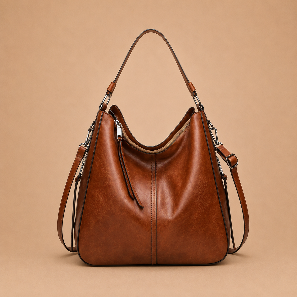 Large Slouchy Leather Hobo Bag with Zip Top