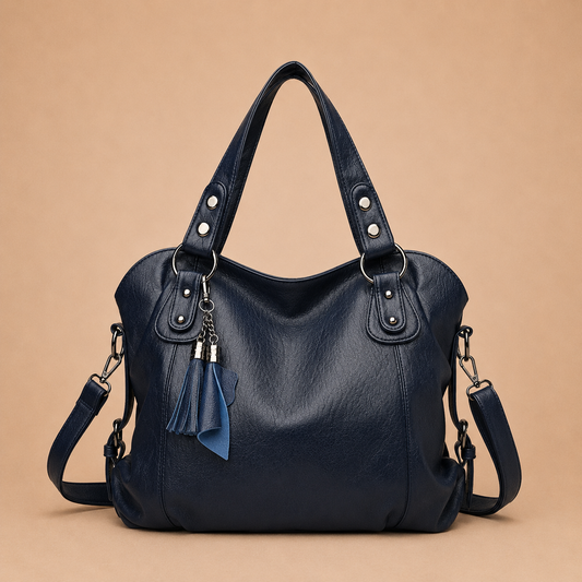 Large Leather Tote Bag with Tassel Charm
