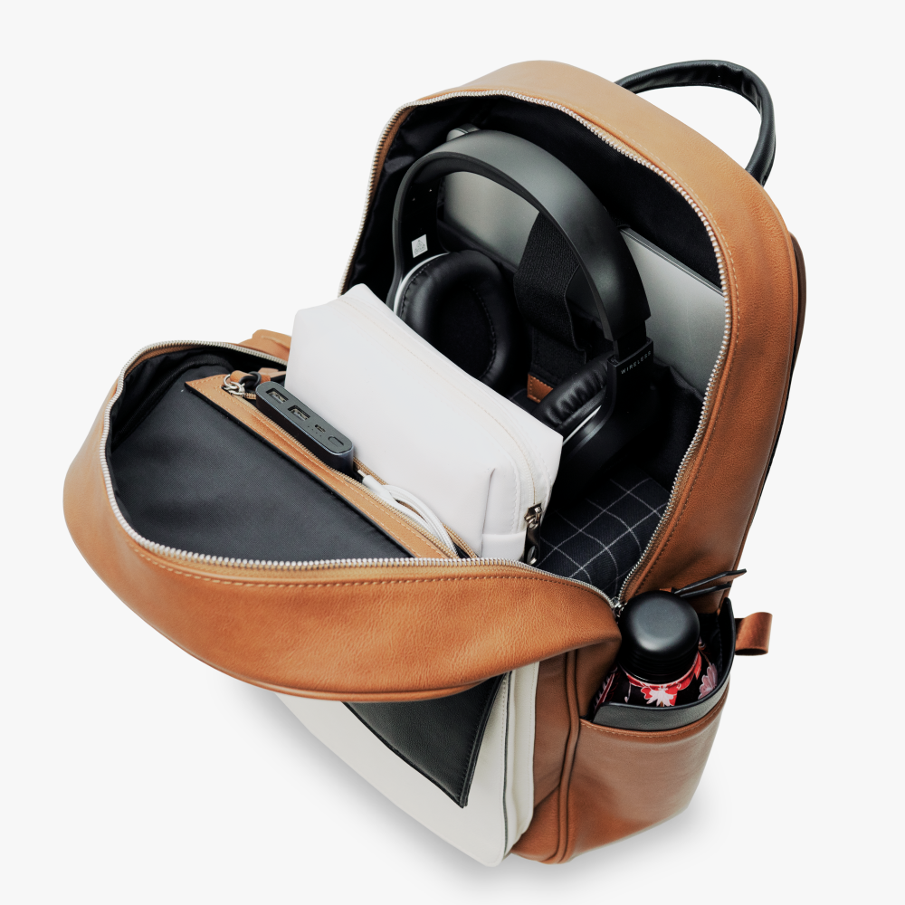 Leather Backpack with Colour Block Panel and Padded Straps