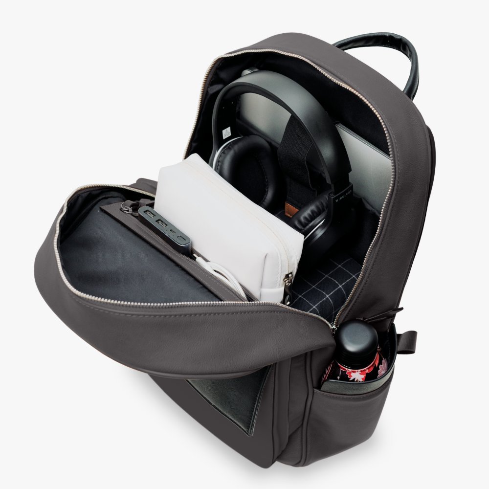 Leather Backpack with Colour Block Panel and Padded Straps