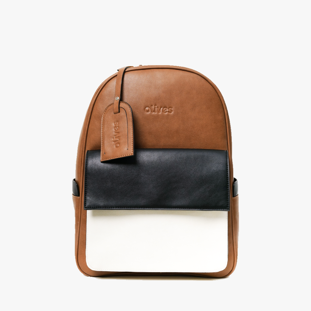 Leather Backpack with Colour Block Panel and Padded Straps