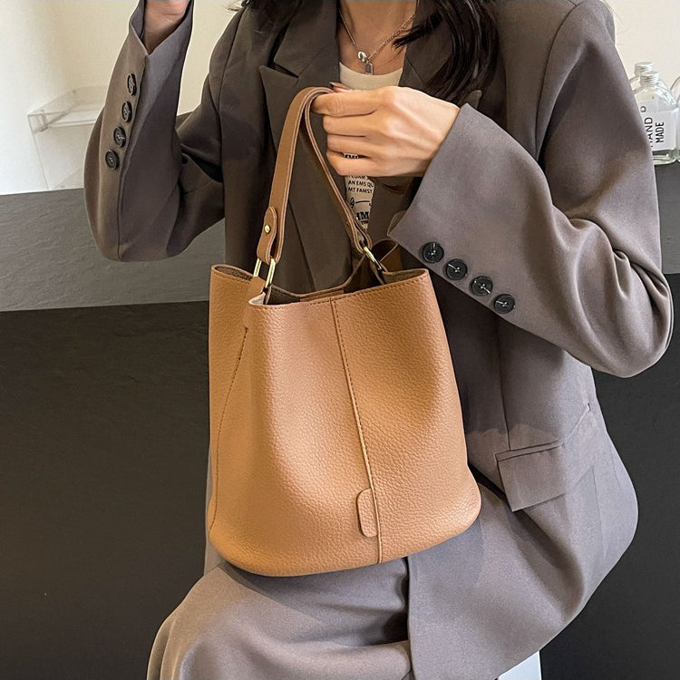 Leather Bucket Bag with Adjustable Shoulder Strap and Gold Hardware