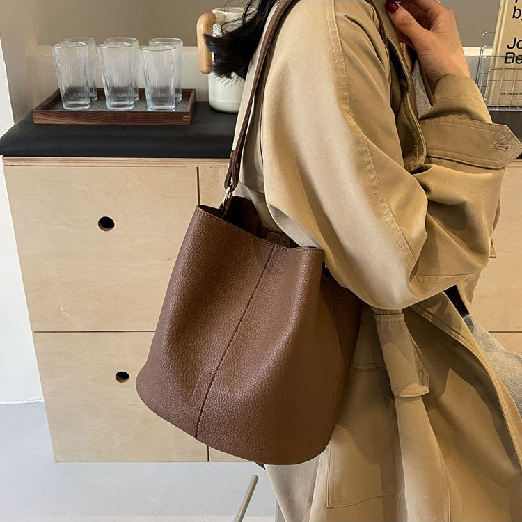 Leather Bucket Bag with Adjustable Shoulder Strap and Gold Hardware