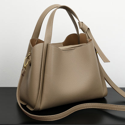 Leather Bucket Bag with Top Handles and Detachable Shoulder Strap
