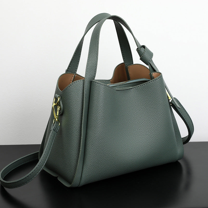 Leather Bucket Bag with Top Handles and Detachable Shoulder Strap