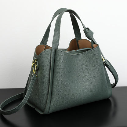 Leather Bucket Bag with Top Handles and Detachable Shoulder Strap