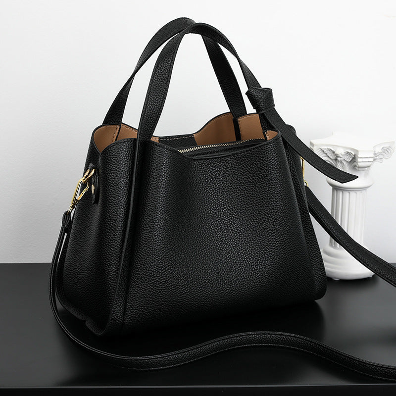 Leather Bucket Bag with Top Handles and Detachable Shoulder Strap