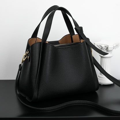 Leather Bucket Bag with Top Handles and Detachable Shoulder Strap