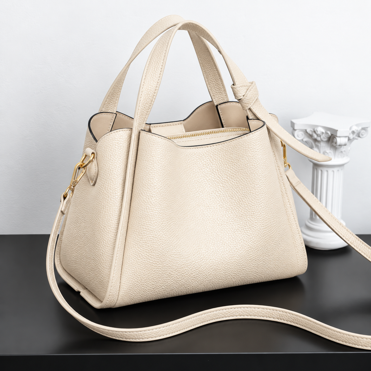Leather Bucket Bag with Top Handles and Detachable Shoulder Strap