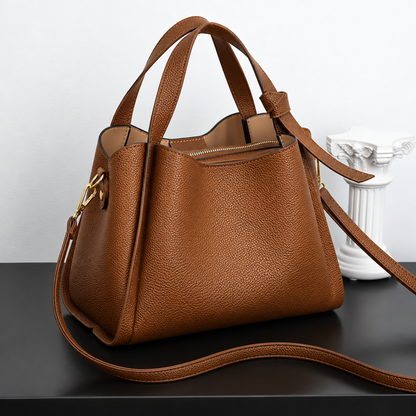 Leather Bucket Bag with Top Handles and Detachable Shoulder Strap
