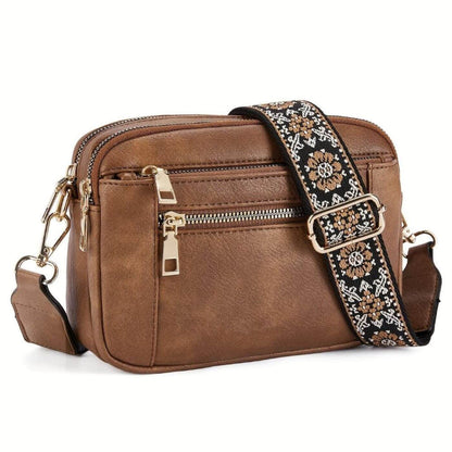 Leather Crossbody Bag with Patterned Boho Strap and Gold Hardware