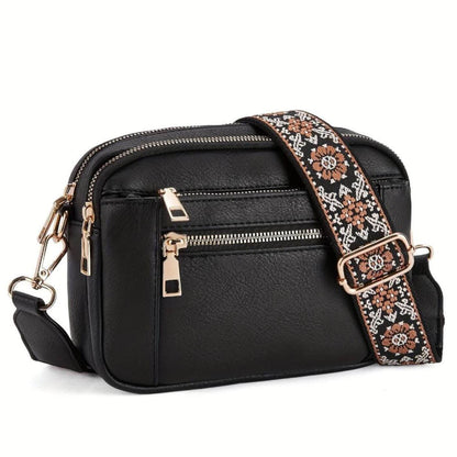 Leather Crossbody Bag with Patterned Boho Strap and Gold Hardware
