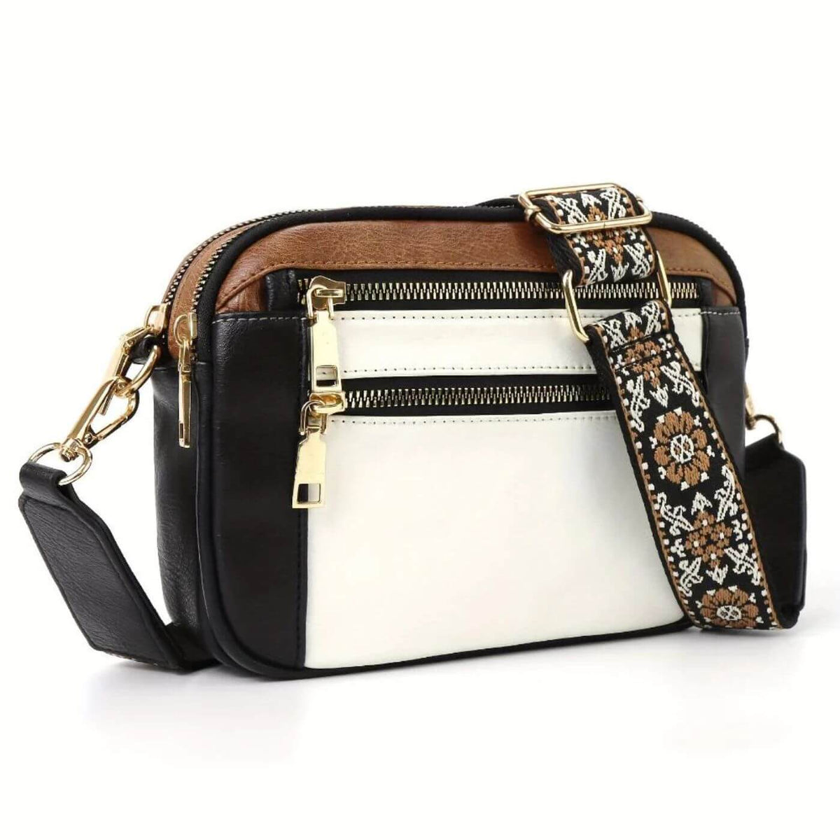 Leather Crossbody Bag with Patterned Boho Strap and Gold Hardware