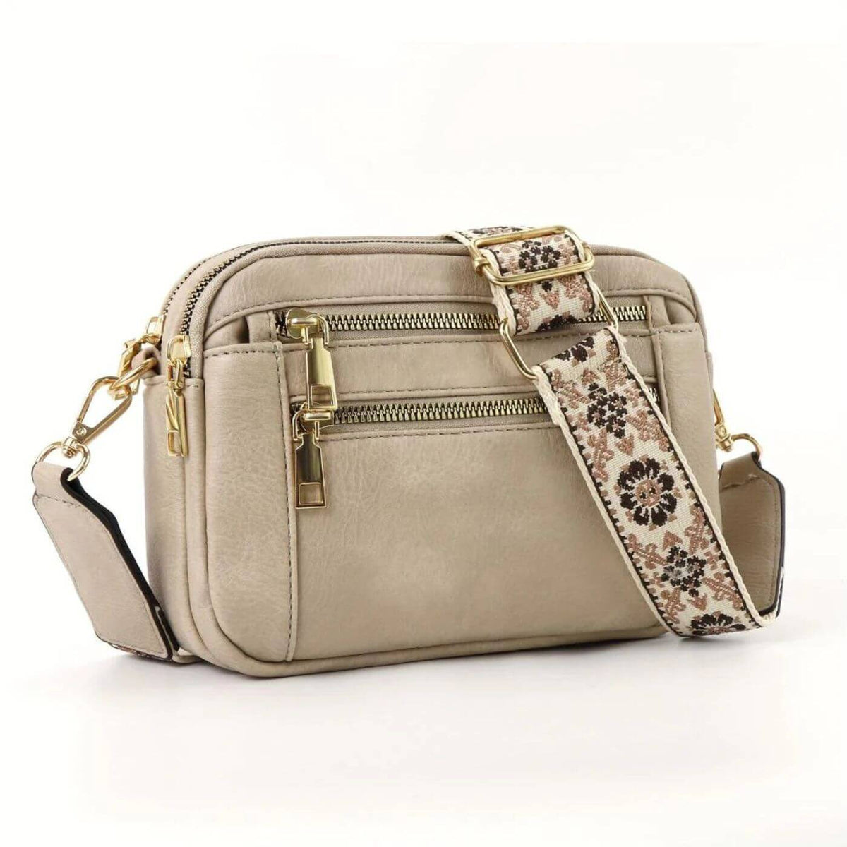 Leather Crossbody Bag with Patterned Boho Strap and Gold Hardware