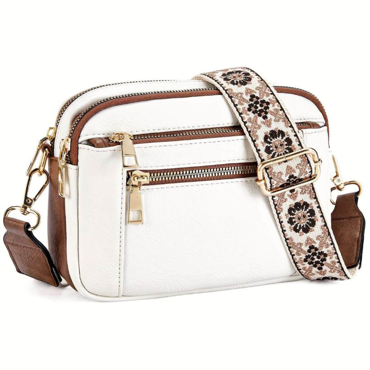 Leather Crossbody Bag with Patterned Boho Strap and Gold Hardware