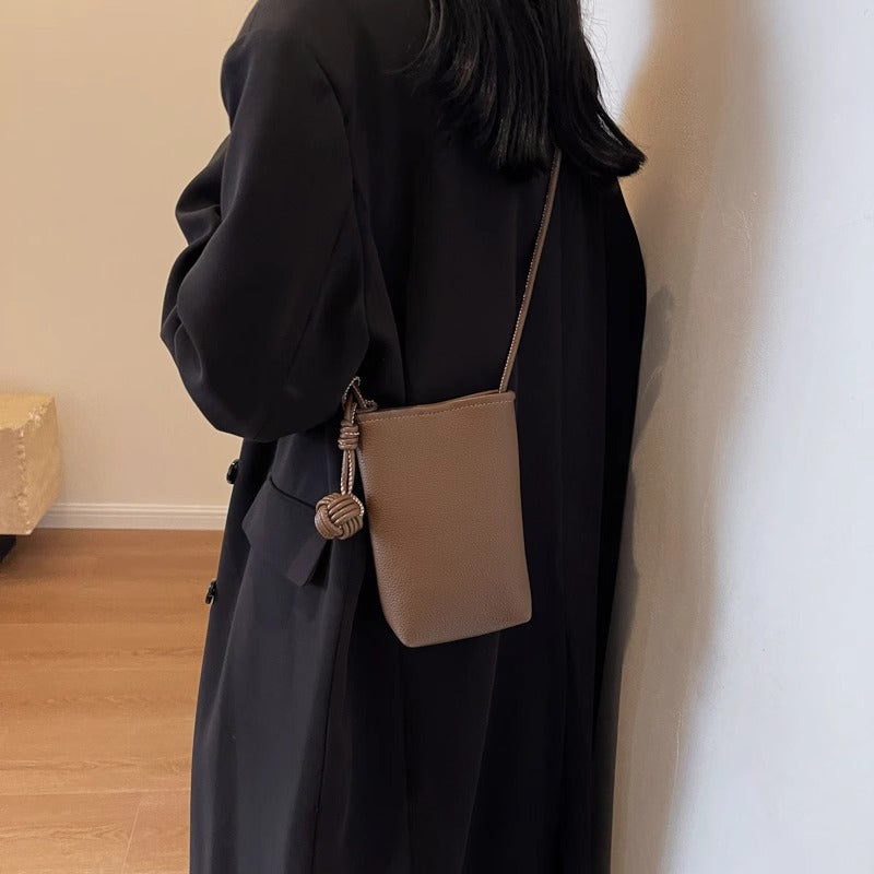 Leather Crossbody Phone Bag with Knot Ball Detail