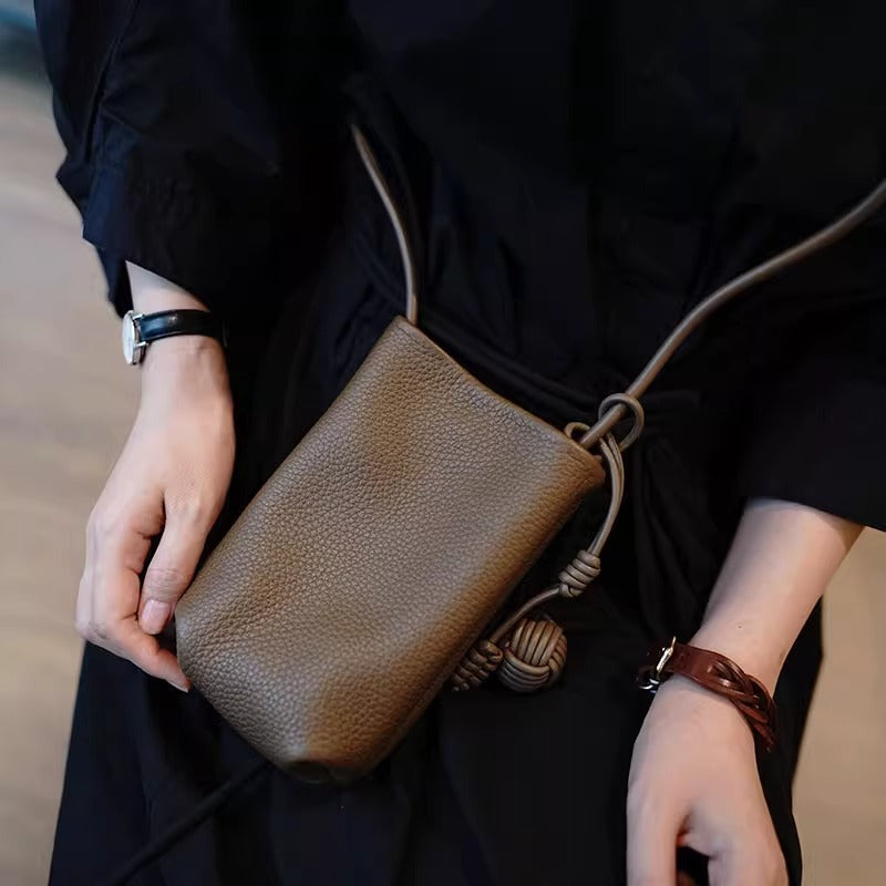 Leather Crossbody Phone Bag with Knot Ball Detail