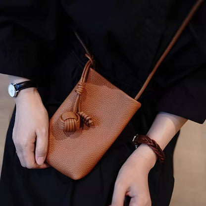 Leather Crossbody Phone Bag with Knot Ball Detail
