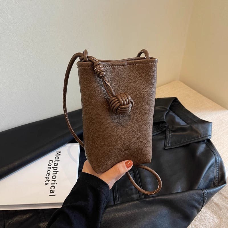 Leather Crossbody Phone Bag with Knot Ball Detail