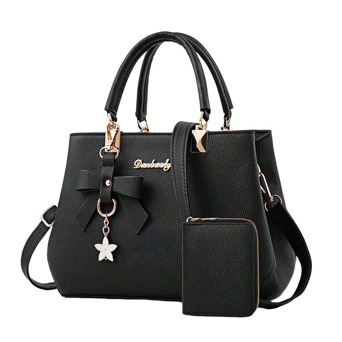 Leather Shoulder Bag with Bow Charm and Matching Wallet