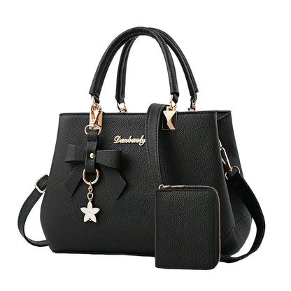 Leather Shoulder Bag with Bow Charm and Matching Wallet