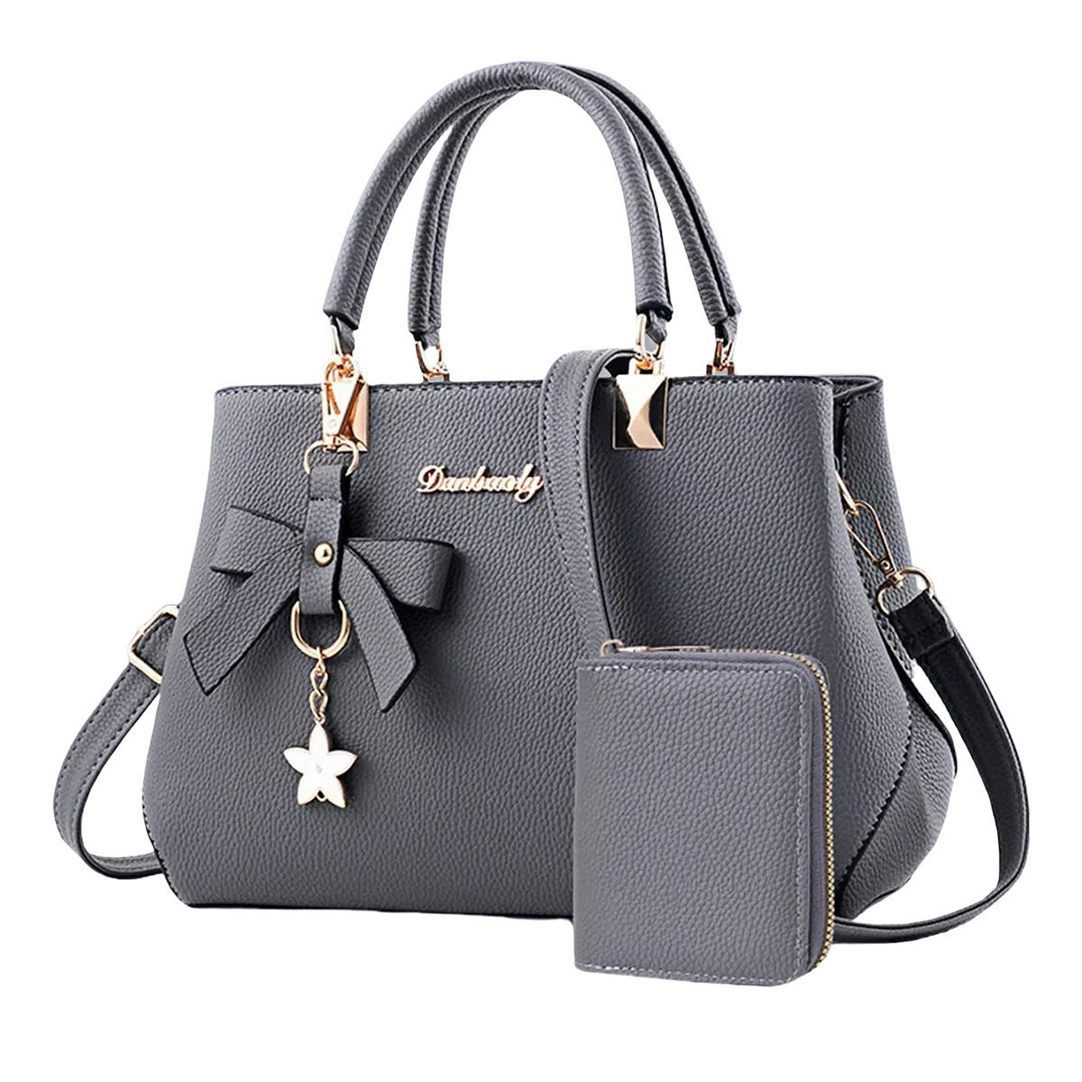 Leather Shoulder Bag with Bow Charm and Matching Wallet