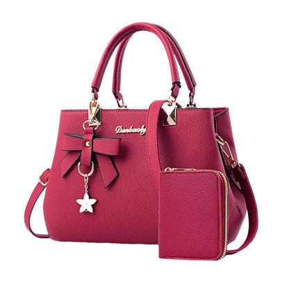 Leather Shoulder Bag with Bow Charm and Matching Wallet