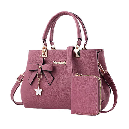 Leather Shoulder Bag with Bow Charm and Matching Wallet
