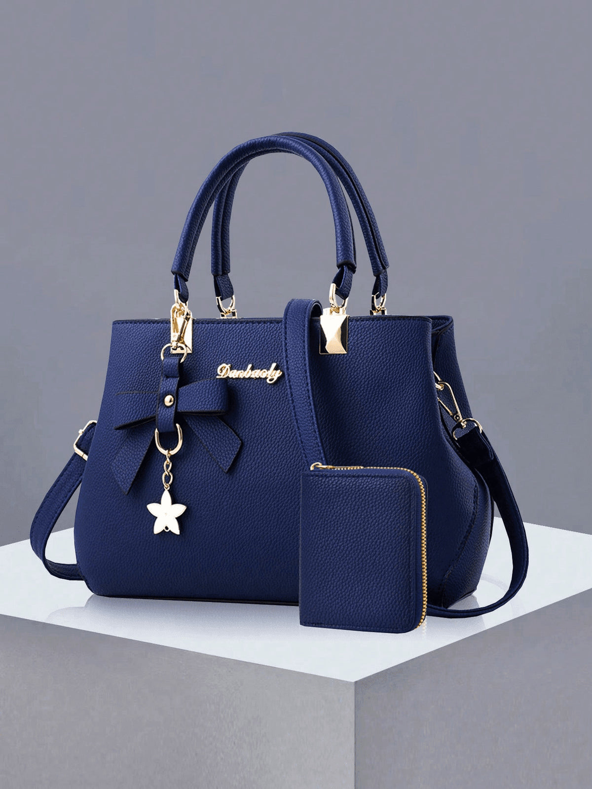 Leather Shoulder Bag with Bow Charm and Matching Wallet