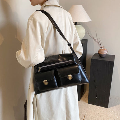 Leather Shoulder Bag with Double Pocket and Gold Hardware