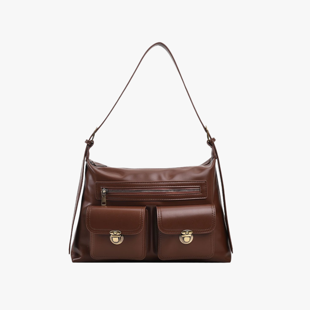 Leather Shoulder Bag with Double Pocket and Gold Hardware