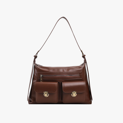 Leather Shoulder Bag with Double Pocket and Gold Hardware