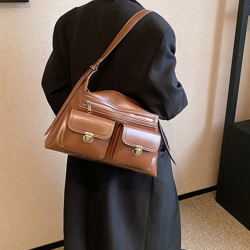 Leather Shoulder Bag with Double Pocket and Gold Hardware
