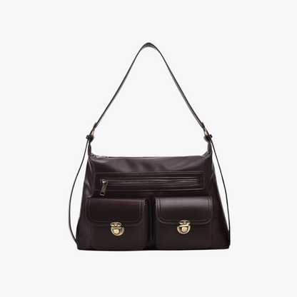 Leather Shoulder Bag with Double Pocket and Gold Hardware