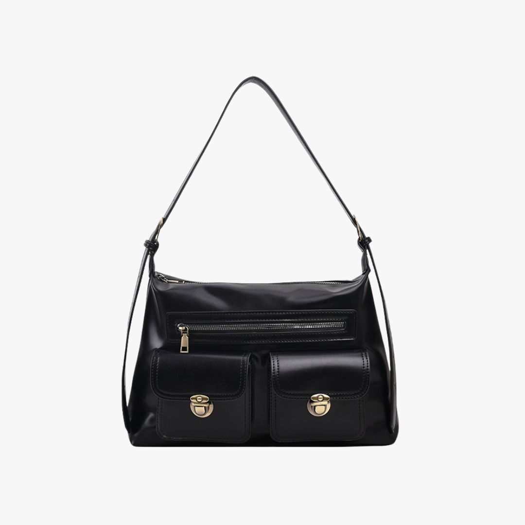Leather Shoulder Bag with Double Pocket and Gold Hardware