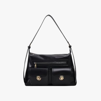 Leather Shoulder Bag with Double Pocket and Gold Hardware