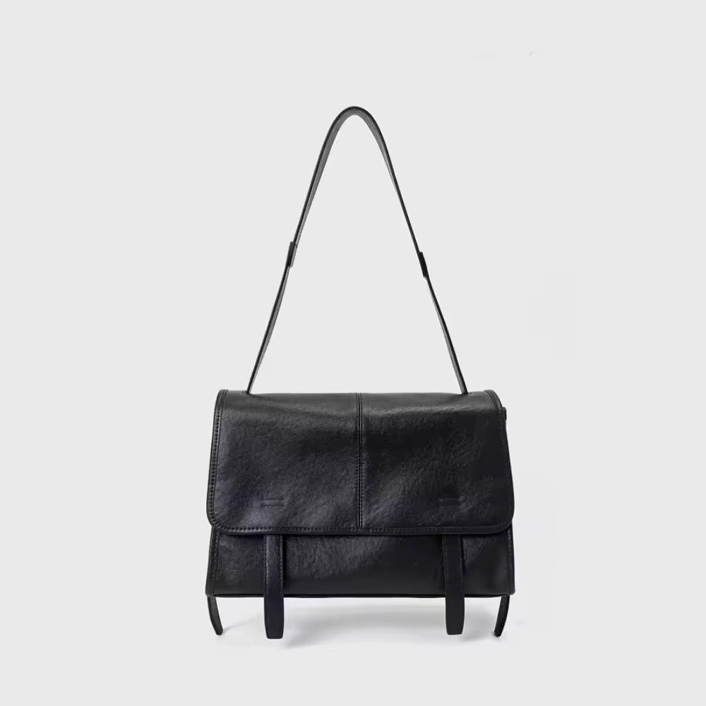 Leather Shoulder Bag with Fold-Over Flap and Strap Detail