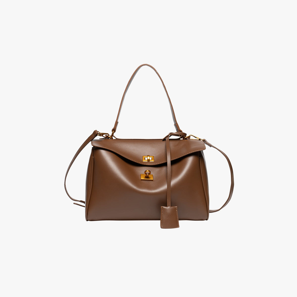 Leather Shoulder Bag with Gold Hardware and Turn Lock