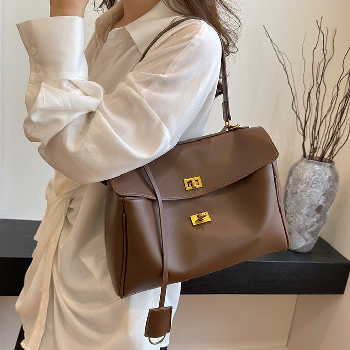 Leather Shoulder Bag with Gold Hardware and Turn Lock