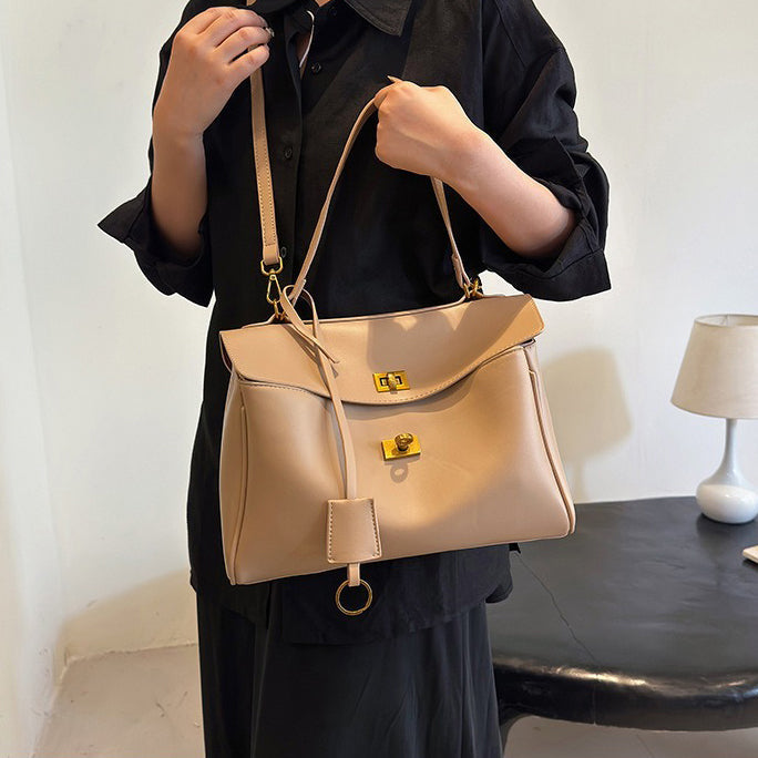 Leather Shoulder Bag with Gold Hardware and Turn Lock