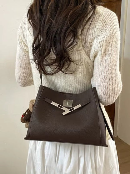 Leather Shoulder Bag with Silver Turn-Lock Clasp