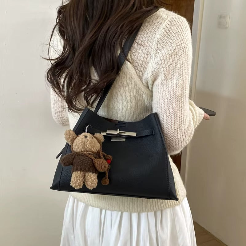 Leather Shoulder Bag with Silver Turn-Lock Clasp