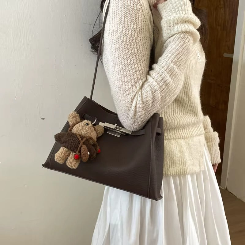 Leather Shoulder Bag with Silver Turn-Lock Clasp