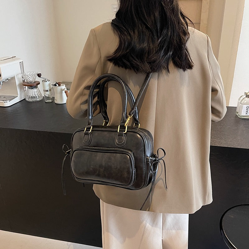 Leather Shoulder Bag with Top Handles and Front Zip Pocket